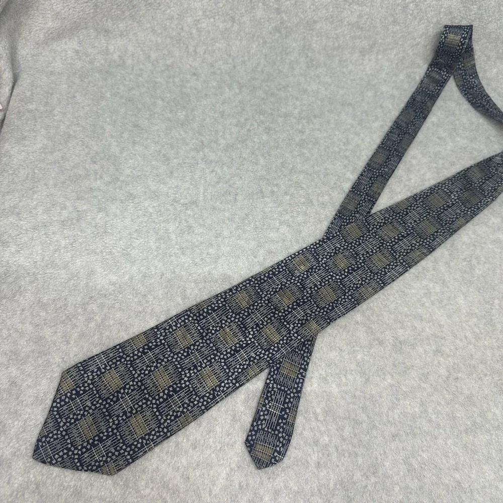 Oleg Cassini Tie Mens‎ One Size Navy Gold Geometric Italian Fabric Made in USA